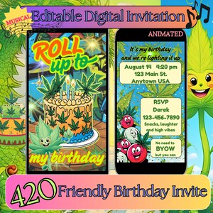 Può includere: Un invito digitale di compleanno a tema cannabis. Il design presenta una torta decorata con foglie di cannabis, elementi animati e il testo "Roll up to my birthday". L'invito include i dettagli dell'evento e le informazioni RSVP.