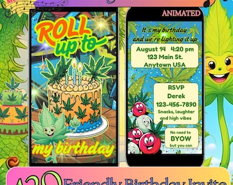 Puede incluir: Una invitación digital de cumpleaños con temática de cannabis. El diseño presenta un pastel decorado con hojas de cannabis, elementos animados y el texto "Roll up to my birthday". La invitación incluye detalles del evento e información RSVP.