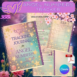 Può includere: Un diario a spirale intitolato "Tracking Journal for Angel Numbers" con un design celeste. La copertina presenta stelle, cuori alati e il testo "Angel Numbers Tracker". All'interno, ci sono pagine per il monitoraggio e le note, con i loghi Canva e PDF visibili.