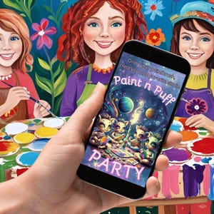Puede incluir: Un tel&eacute;fono inteligente que muestra una invitaci&oacute;n colorida para una "Paint n Puff Party". La invitaci&oacute;n presenta un fondo de galaxia con planetas y estrellas, y cuatro gatos de dibujos animados que sostienen pinceles y botes de pintura. El texto de la invitaci&oacute;n dice: "Toma tu pincel, creatividad y variedad favorita".