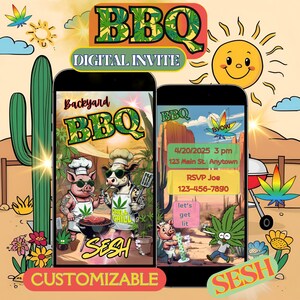 Op de afbeelding: Een digitale uitnodiging voor een barbecue in de achtertuin met een cartoon varken en koe die grillen. De uitnodiging bevat de datum, tijd, locatie en RSVP-informatie. De tekst op de uitnodiging zegt "Backyard BBQ", "Grill Chill", "Sesh", en "Let's get lit".