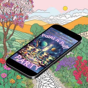 Puede incluir: Un tel&eacute;fono inteligente que muestra una ilustraci&oacute;n colorida de cuatro personajes de dibujos animados con el texto "Paint n Puff Party" y las palabras "Grab your paintbrush, creativity and favorite strain". El tel&eacute;fono est&aacute; en un camino en un paisaje de dibujos animados con flores y &aacute;rboles.