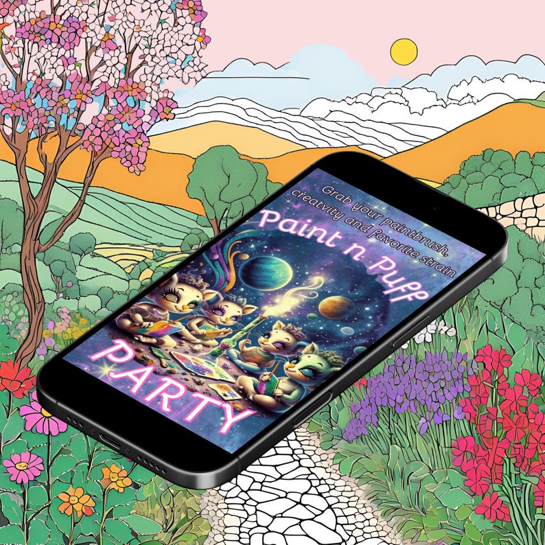 Puede incluir: Un tel&eacute;fono inteligente que muestra una ilustraci&oacute;n colorida de cuatro personajes de dibujos animados con el texto "Paint n Puff Party" y las palabras "Grab your paintbrush, creativity and favorite strain". El tel&eacute;fono est&aacute; en un camino en un paisaje de dibujos animados con flores y &aacute;rboles.