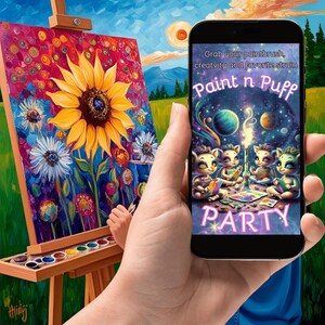 Puede incluir: Un tel&eacute;fono inteligente que muestra un gr&aacute;fico colorido con el texto "Grab your paintbrush, creativity and favorite strain Paint n Puff PARTY". El tel&eacute;fono est&aacute; en una mano frente a una pintura de un girasol y otras flores.