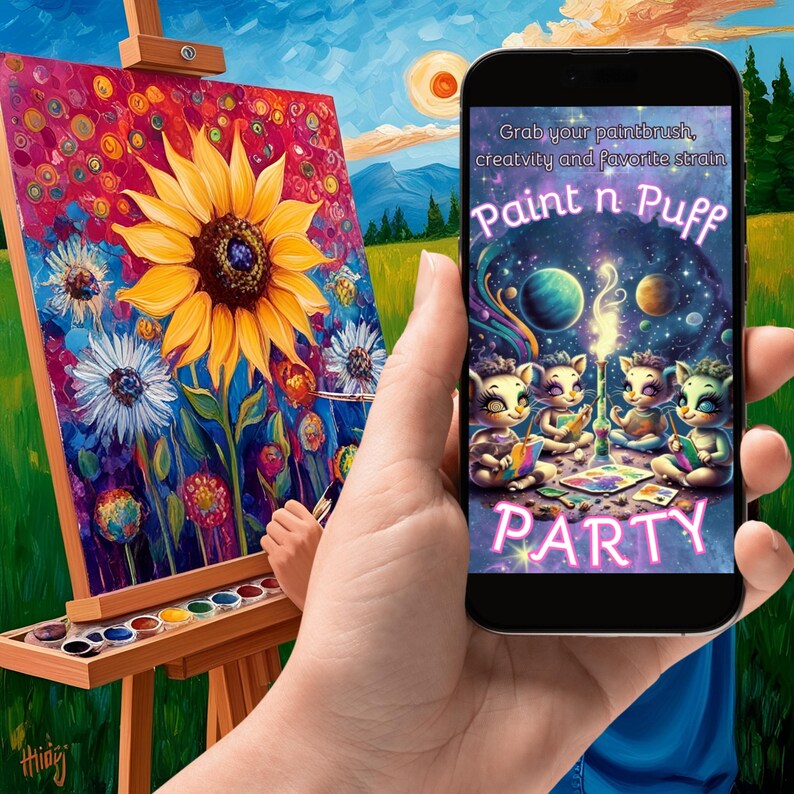 Puede incluir: Un tel&eacute;fono inteligente que muestra un gr&aacute;fico colorido con el texto "Grab your paintbrush, creativity and favorite strain Paint n Puff PARTY". El tel&eacute;fono est&aacute; en una mano frente a una pintura de un girasol y otras flores.