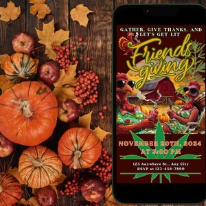 Fête des amis : Invitation « OBTENIR L'ÉCLAIRAGE » | Invitation amicale de marijuana | Carte de Thanksgiving au cannabis | Unique Friendsgiving Végétarien Végétalien 420