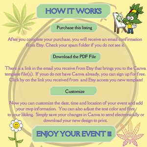Puede incluir: Un personaje de dibujos animados verde y amarillo sosteniendo un pincel con una hoja verde en &eacute;l. El texto "HOW IT WORKS" est&aacute; en la parte superior de la imagen. El texto "Purchase this listing" est&aacute; en un rect&aacute;ngulo blanco. El texto "Download the PDF File" est&aacute; en un rect&aacute;ngulo blanco. El texto "Customize" est&aacute; en un rect&aacute;ngulo blanco. El texto "ENJOY YOUR EVENT!!!" est&aacute; en la parte inferior de la imagen.
