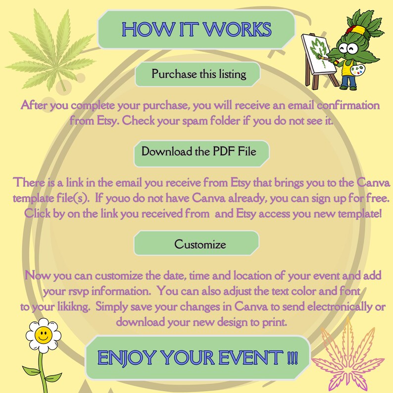 Puede incluir: Un personaje de dibujos animados verde y amarillo sosteniendo un pincel con una hoja verde en &eacute;l. El texto "HOW IT WORKS" est&aacute; en la parte superior de la imagen. El texto "Purchase this listing" est&aacute; en un rect&aacute;ngulo blanco. El texto "Download the PDF File" est&aacute; en un rect&aacute;ngulo blanco. El texto "Customize" est&aacute; en un rect&aacute;ngulo blanco. El texto "ENJOY YOUR EVENT!!!" est&aacute; en la parte inferior de la imagen.