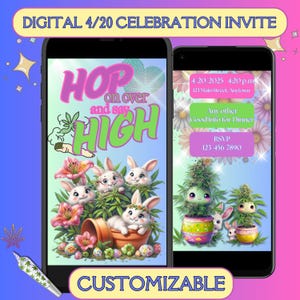 420 Flyer Party Marijuana Bunny Invitation numérique Stoner personnalisé Invitation Weed sur le thème Za Celebration Téléchargement instantané Jardin Mary Jane Weed