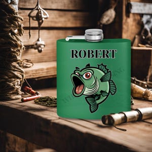 Personalized BASS FISHING FLASK Custom 6oz Stainless Steel Outdoor Gift for Fisherman Dad Grandpa Christmas Stocking Stuffer Unique Present