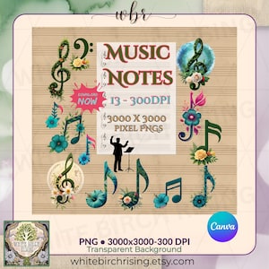 Watercolor Floral Music Notes PNG Bundle, Musical Clipart (Digital Download)