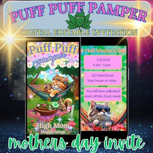 PUFF PUFF PAPER Invitation numérique carte de fête des mères sur le thème de la mauvaise herbe haute maman chat hamac Tea Party cannabis 420 modifiable Evite Mama Za