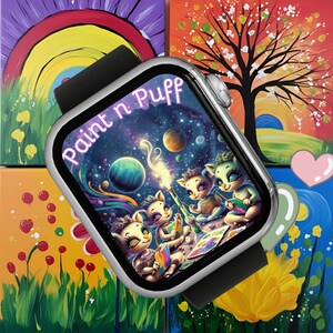 Puede incluir: Un Apple Watch plateado con una banda negra, que presenta una ilustraci&oacute;n digital colorida de tres gatos de dibujos animados pintando en el espacio. La esfera del reloj muestra el texto "Paint n Puff".