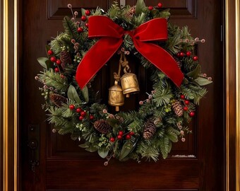 Wamnexti 13.8'' Handmade Christmas Wreath – Winter Mesh Wreath With Pine Branches, Berries & Ornaments – Champagne Red Holiday Door Decor