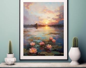 May include: A framed art print of a serene lake scene at sunset. The painting features pink water lilies floating on the water's surface, reflecting the warm colors of the sky. The artwork is displayed on a shelf with cactus plants.