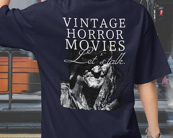 Maglietta vintage con film horror, maglietta oversize squadrata, regalo di culto del cinema, tradizione dei film spaventosi