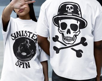Sinister Spin T-shirt carré surdimensionné pour DJ T-shirt aux coupes précises Cadeau DJ Hip Hop Platine vinyle