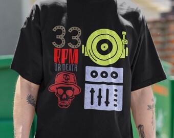 33 tr/min ou la mort T-shirt carré oversize pour DJ T-shirt maîtrise du disque vinyle cadeau DJ Commande de platine vinyle