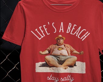 May include: Red t-shirt with the text "LIFE'S A BEACH" and "stay salty" in white. The graphic shows a person on a beach, wearing a hat and a striped shirt. A casual summer themed tee.