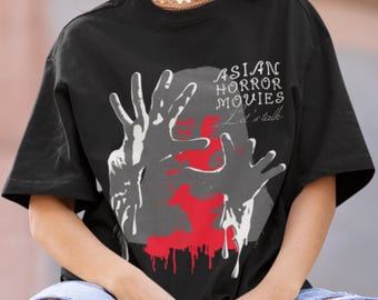 Camiseta de filmes de terror asiáticos, tamanho grande e modelagem quadrada, presente para fãs de terror, especialista em filmes cult.