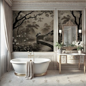 Elegant Chinoiserie Wallpaper - Bird and Flower Pattern  Chinoiserie Wallpaper - Birds Wallpaper - Dark Floral Wallpaper - Vinyl Wallpaper