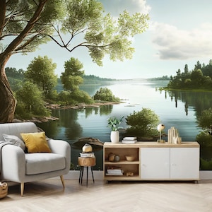 Forest Lake Wallpaper Mural: Tranquil Nature Scene, Peel and Stick