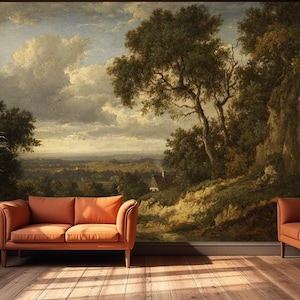 Romantic Vintage Landscape Wallpaper – Rustic Countryside Wall Mural, Antique Nature Art, Removable Peel and Stick Wallpaper for Home Decor