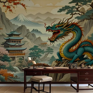 Majestic Japanese Dragon Wallpaper - Vintage Oriental Landscape Mural - Mythical Asian Decor, Peel and Stick Wallpaper