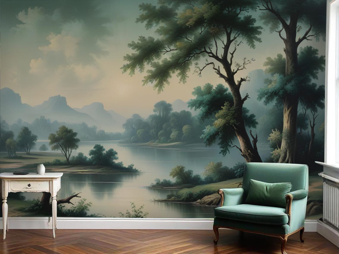 Vintage Scenic Wallpaper, Vintage Scenic Tree & River Wallpaper ...