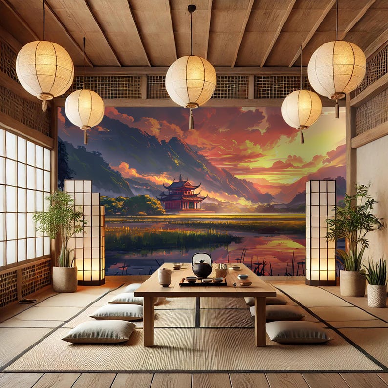 Sunset Japanese Landscape Wallpaper Digital Art Print for Home Decor ...
