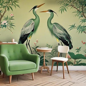 Elegant Green Crane Peel and Stick Wallpaper - Vintage Chinoiserie Wallpaper - Flowers and Birds Wallpaper -  Self Adhesive Wallpaper