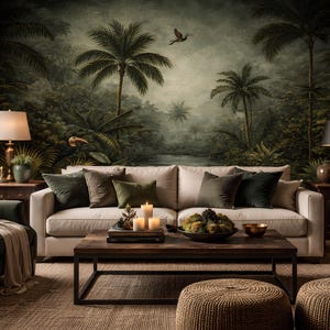 Moody Green Tropical Jungle Wallpaper, Vintage Palm Tree Mural, Dark Botanical