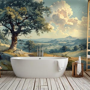 Peaceful Countryside Landscape, Peel and Stick Wallpaper - Serene Nature-Inspired Wall Decor, Rustic Farmhouse Style, Removable Wall Decor