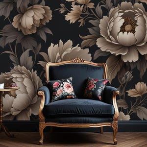 Dunkellaunische Pfingstrose Floral Tapete, Viktorianische Dunkelheit Blumen - Schälen und aufkleben - Dunkle Pfingstrose Tapete, Schwarzes Innendesign