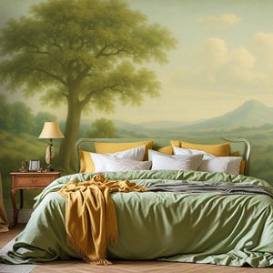 Peaceful Pastoral Landscape Wallpaper – Peaceful Peel and Stick Wall Mural, Removable Rural Nature Scene, Tranquil Hills Wall Decor