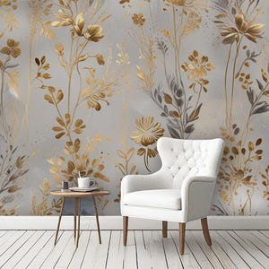 Boho Beige Vintage Floral Wallpaper, Gold Effect Leaf Flowers, Removable Wallpaper, Peel and Stick Wall Murals Wallpaper
