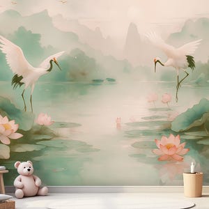 Serene Lotus & Crane Wall Mural – Soft Pastel Zen Nature Wallpaper, Japanese Water Garden Scene, Peel and Stick Removable Wallpaper