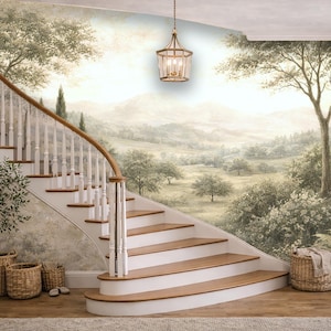 Vintage European Landscape Wallpaper Mural, Peel and Stick, Antique Pastoral Countryside Wallpaper