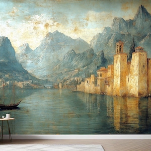 Vintage Italian Lakeside Town Wallpaper – Peel and Stick Mural with Romantic Mountain View, Old World Wall Decor, For Living Room, Office