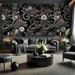 Gothic Snake and Dark Floral Wallpaper – Moody Peel and Stick Wall Mural – Vintage Botanical Snake Decor – Removable Aesthetic Wallpaper