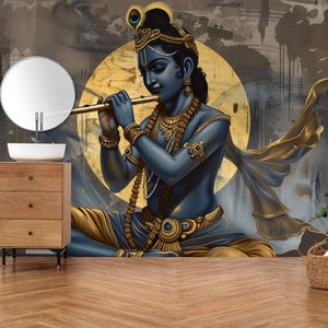 Divine Harmony Krishna Wall Mural - Carta da parati staccabile e adesiva - Decorazione spirituale per la casa - Carta da parati indiana - Golden Accent Design