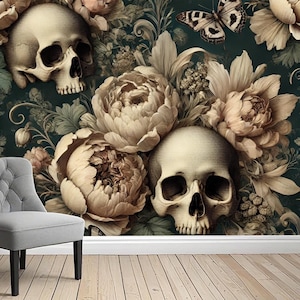 Gothic Floral Skull Wallpaper - Tapete zum Abziehen und Aufkleben, dunkelromantisches Dekor mit Schädeln und Schmetterlingen, botanische Blumenwandkunst
