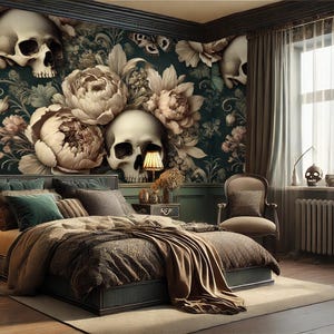 Gothic Floral Skull Peel and Stick Wallpaper: Dark Romantic Wall Decor