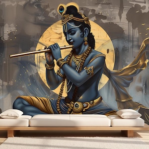 Krishna Wall Mural: Golden Accents, Spiritual Indian Decor, Peel and Stick Wallpaper