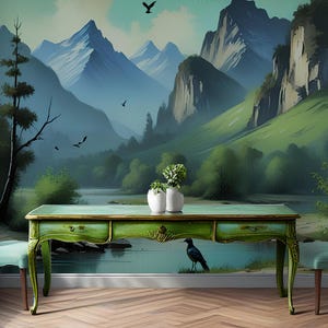 Vintage Mountain River Landscape Wallpaper - Serene Nature Mural, Elegant Green & Blue Scenic Wall Art, Peel and Stick Wallpaper