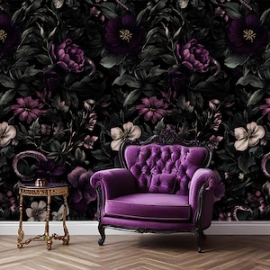 Dark Floral & Snake Wallpaper – Gothic Peel and Stick Wall Mural – Botanical Snake Decor – Moody Removable Floral Wallpaper for Accent Walls