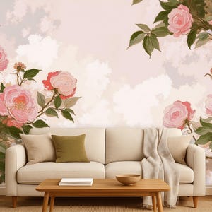 Vintage Chinoiserie Peony Wallpaper – Elegant Pink Floral Wall Mural, Romantic Botanical Peel and Stick Wallpaper for Bedroom or Living Room