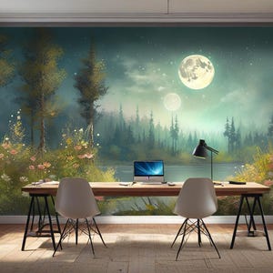 Moonlit Forest Peel and Stick Wallpaper, Dreamy Floral Landscape Mural, Removable Nature Wall Decor, Floral Nature Wall Art