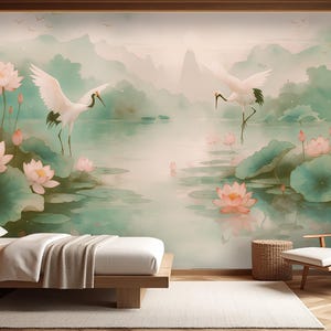 Lotus Crane Wall Mural: Japanese Zen Peel and Stick Wallpaper