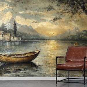Vintage River Landscape Wallpaper – Serene Boat and Lake Scene, Peel and Stick Mural, Tranquil Nature Wall Art, Rustic Cottagecore Home Deco